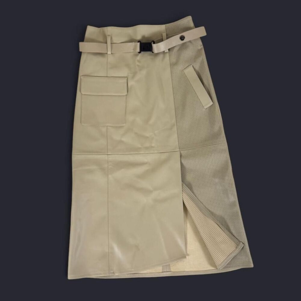 cybery2k Tan pleather midi skirt with belt